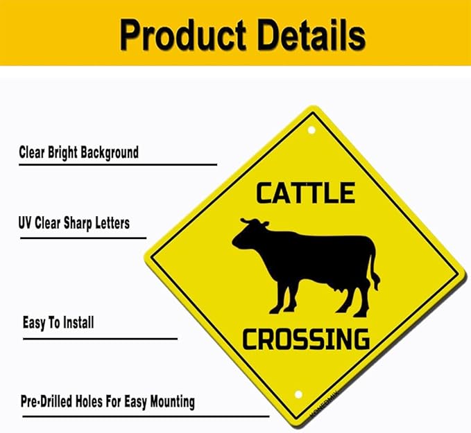 Cattle Crossing Sign Funny Novelty Metal Tin Sign for Bar Club Country Home Coffee Shop Indoor& Outdoor Decor Yellow Street Sign 12X12inch