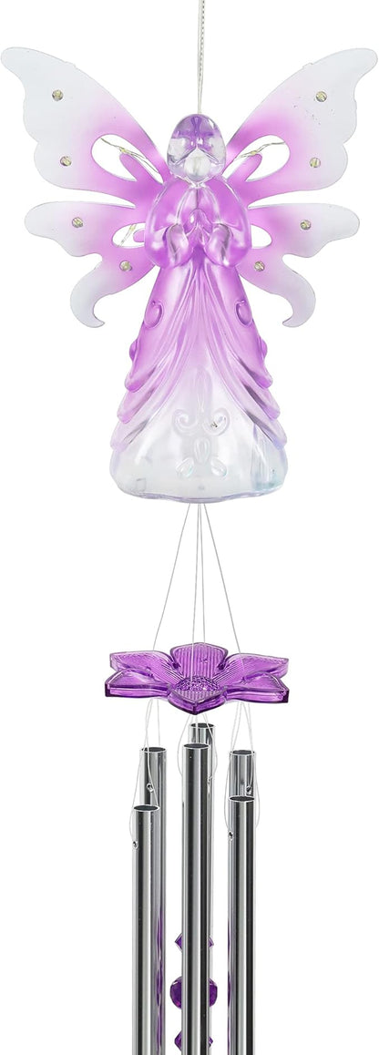 Exhart Wind Chimes, Solar Angel Wind Chime with Metal Wings, 13 LED Firefly Lights, Purple Acrylic Large Lawn and Yard Decoration, 6.5 x 4 x 42 Inch