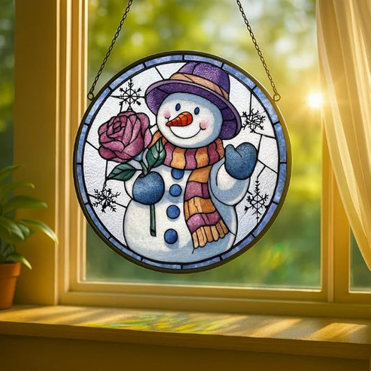Stained Glass Window Hanging - Smiling Snowman with Rose,7.8in Sun Catchers Panel for Indoor Decorative Display for Mom， Wife， Lovers， Festive