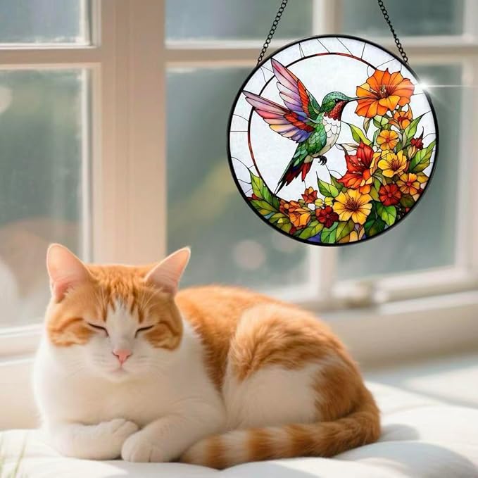 Stained Glass Window Hanging - Hummingbirds are Collecting Nectar 7.8 Inches Suncatcher for Garden Home Decor for Women Mon Grandma Friends