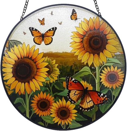 Sunflower Decor Suncatcher,Stained Glass Suncatcher for Window,Originally Designed Butterfly Sun Catchers,7.8" Large Stained Glass Window Hanging,Sunflower Gift for Women