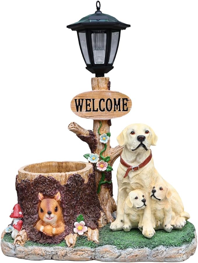 Solar Garden Statue with Planter & Solar Lantern, Outdoor Resin Animal Sculpture, Waterproof Yard Lawn Decor Pot for Succulents, Front Porch Ornament Housewarming Gift(Labrador)