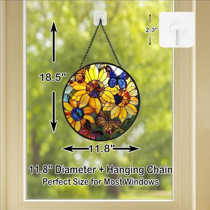 Sunflower and Butterfly Stained Glass Window Hanging Panel – Colorful Floral Suncatcher Wall Art for Home Window Decor and Gift