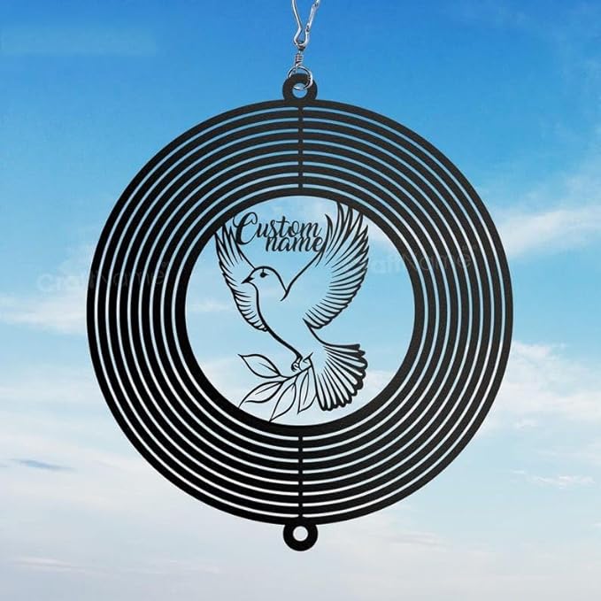 Personalized Dove of Peace Metal Wind Spinner, Custom Hanging Ornament for Outdoor Display, Kinetic Yard Sculpture, Peaceful Gift (Dove of Peace Garden Wind Spinner)