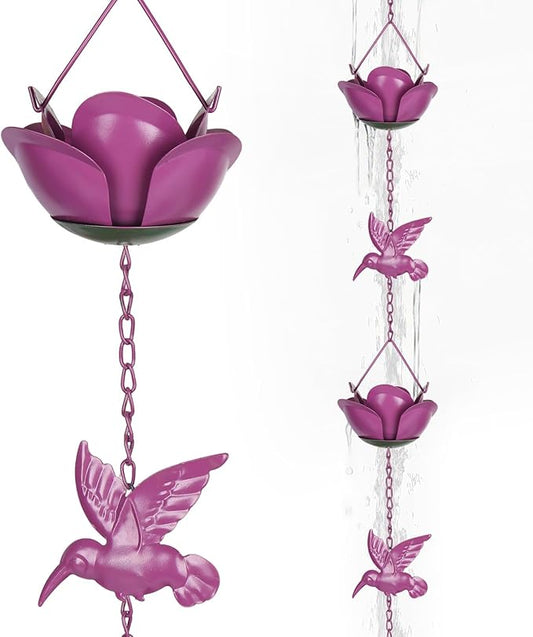 9.2ft Rain Chains for Gutters Outside,Rain Catcher Chain with 6 Lotus Rain Metal Cups & 7 Hummingbird Decor,Adjustable Rain Catcher Chain Replacement Downspout for Gutters,Drainage & Eaves