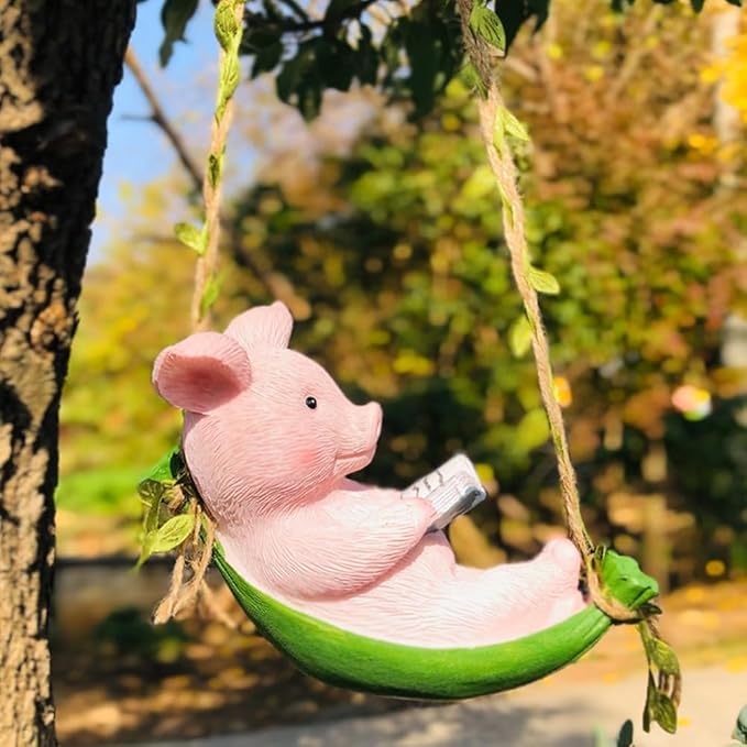 OULIGET Pig Statue Garden Outdoor,Swing Garden Hanging Pig Resin Home Decor,Charmingly Naive Pig Decoration Garden Decor for Patio Yard Lawn Fence Pathway Backyard