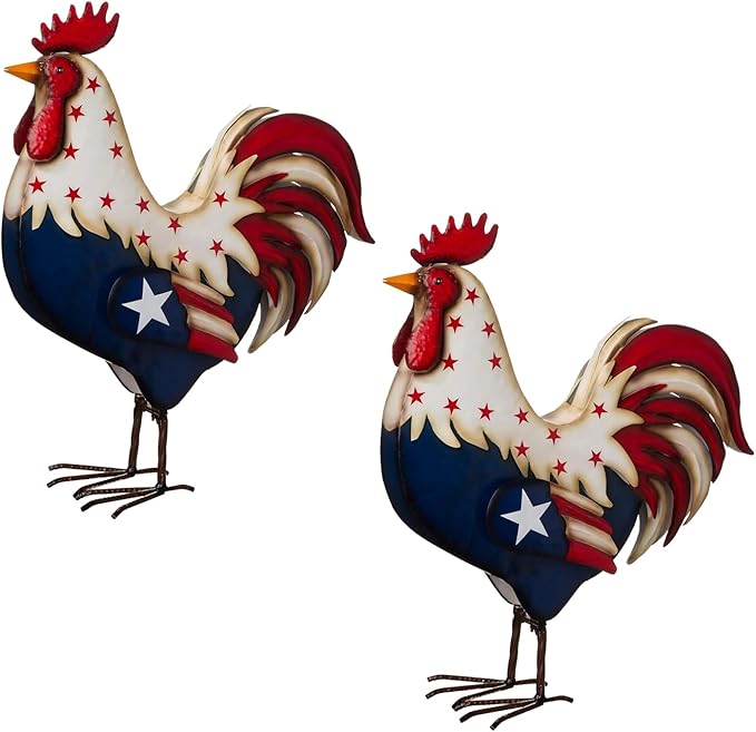 2PCS Patriotic Metal Rooster Yard Decor 12in 4th of July Chicken Garden Statues with Stake Outdoor Art Decorations Red White and Blue American Flag Iron Rooster Sign for Lawn Backyard Home Decor