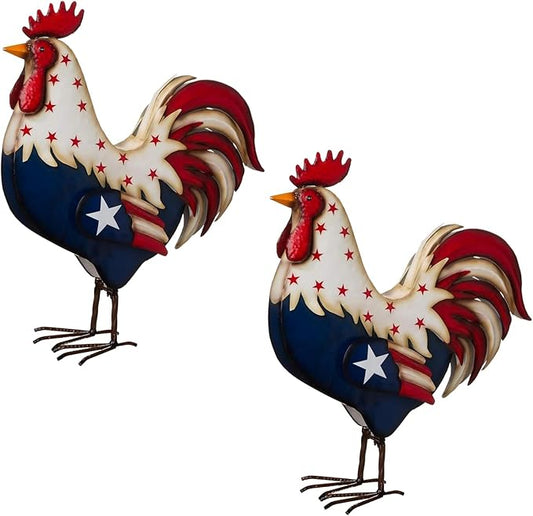 2PCS Patriotic Metal Rooster Yard Decor 12in 4th of July Chicken Garden Statues with Stake Outdoor Art Decorations Red White and Blue American Flag Iron Rooster Sign for Lawn Backyard Home Decor