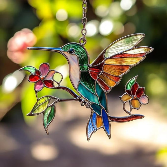 Floral Hummingbird Handmade Resin Suncatchers, Artisan Sun Catcher Stained Glass Effect Window Hummingbird Ornaments Window Hanging Garden Decor, Gifts for Mother's Day, Mom, Grandma, Wife, Women