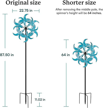 87" Wind Spinner Outdoor with Solar Light, Large Metal Wind Sculptures Spinners, Windmill for Garden Yard Patio Lawn Decor - Azure Moon (23" W x 87" H)
