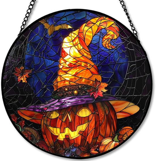 Stained Glass Window Hanging - 6.3in Halloween Pumpkin with Witch Hat and Autumn Leaves Sun Catchers Panel for Indoor Decorative Display for Mom, Wife, Lovers, Festive