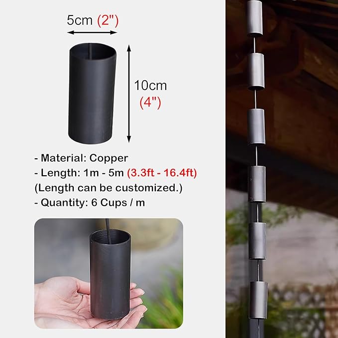 Copper Rain Gutter Chains for Eaves Drainage, Outside Rain Chimes Rainwater Collector, Garden Ornament Rain Chains Downspouts, 6 Cups/m (Black 2.4m (8ft))