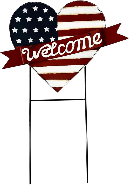 USA Flag Heart Welcome Lawn Sign – 22.5" x 16" Metal Garden Decorative Stake, Patriotic Yard Decor, American Flag Outdoor Decor for 4th of July, Red Blue & White Metal Sign, Memorial Day, Veterans Day, Rustic Americana Lawn Decoration