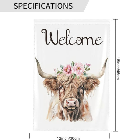 Welcome Pink Floral Highland Cow Garden Flags 12×18 Inch Double Sided Decorative Yard Banner Seasonal Flag for Outdoor Outside Decor