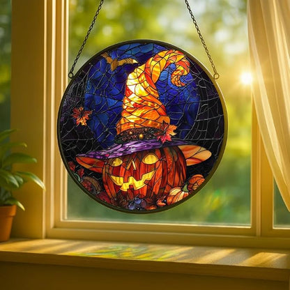 Stained Glass Window Hanging - 11.8in Halloween Pumpkin with Witch Hat and Autumn Leaves Sun Catchers Panel for Indoor Decorative Display for Mom, Wife, Lovers, Festive
