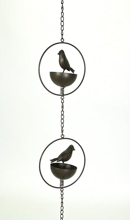 Mayrich 65 Inch Dark Brown Bird Bowl Metal Rain Chain Decorative Patio Accent Garden Art, One Size
