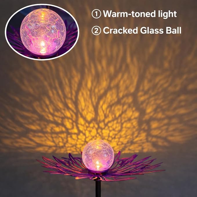 Solar Garden Lights Outdoor Decor, Metal Flower Solar Stake Light with Warm White Crackle Glass, Waterproof Yard Art Ornament for Patio Lawn Backyard, Unique Gardening Gifts for Women (Purple)