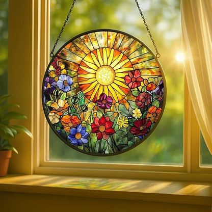 Stained Glass Window Hanging - Radiant Crystal Floral Sunburst 9.8in Sun Catchers Indoor Stained Glass Panels Wall Decor for Mom,Wife,Lovers,Festive