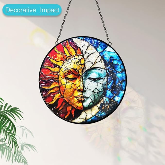Sun and Moon Suncatcher Stained Glass Window Hanging - 8” Handmade Celestial Decor Suncatchers for Windows Hanging - Sun Catchers Indoor Window Wall Home Garden Decor Mothers Day for Mom Grandma Gift