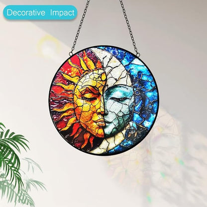 Sun and Moon Suncatcher Stained Glass Window Hanging - 8” Handmade Celestial Decor Suncatchers for Windows Hanging - Sun Catchers Indoor Window Wall Home Garden Decor Mothers Day for Mom Grandma Gift