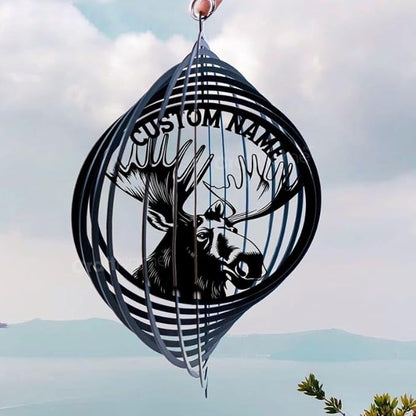 Personalized Moose Metal Wind Spinner, Custom Hanging Art for Outdoor Spaces, Rustic Wildlife Decoration, Nature Lover Gift (Moose Garden Wind Spinner)