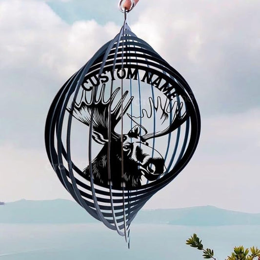 Personalized Moose Metal Wind Spinner, Custom Hanging Art for Outdoor Spaces, Rustic Wildlife Decoration, Nature Lover Gift (Moose Garden Wind Spinner)