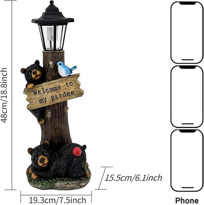 19 Inches Bear Statue Welcome Sign Garden Statue with Solar Lights, Resin Bear Family on The Tree, Outdoor Bear Décor for Yard, Garden, Lawn, Patio, Black and Brown Animal Statue