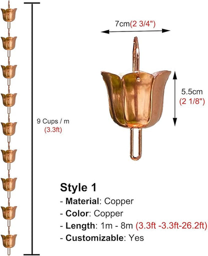 Copper Rain Chain for Heavy Rain, Decorative Rainwater Diverter, Outdoor Garden Decor for Gutter Downspout (Style1 3.2m (10.5ft))
