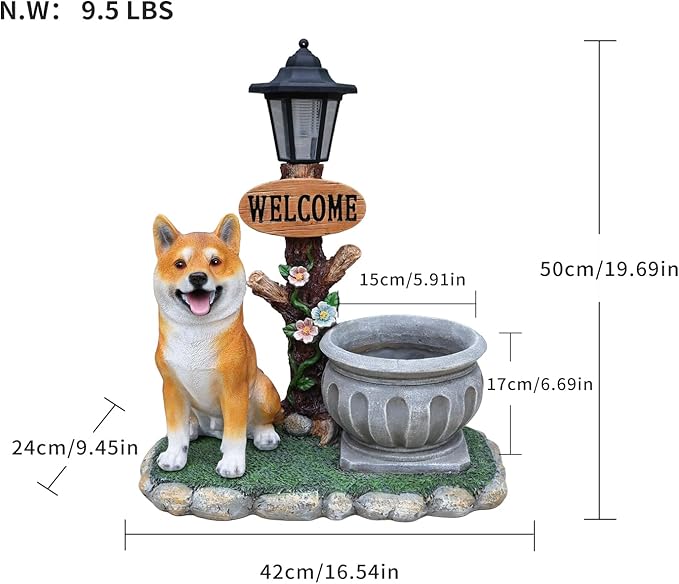 20" Solar Akita Garden Statue with Welcome Sign & Planter - Large Dog Sculpture with LED Street Lantern - Weatherproof Resin Decorative Flower Pot for Porch, Yard & Patio - Pet Lover Gift