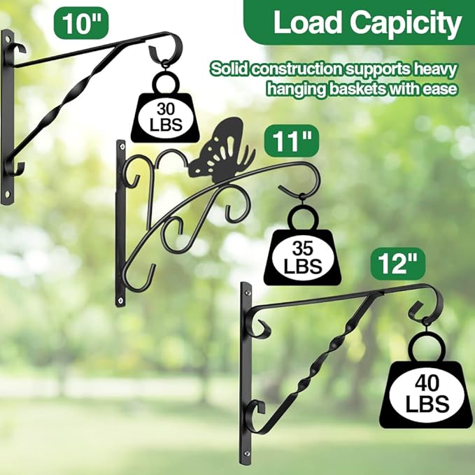 AMAGABELI GARDEN & HOME 4 Pack Hanging Plant Brackets Outdoor 12" Metal Fence Wall Plant Hanger Hooks for Hanging Flower Baskets Bird Feeders Lanterns Wind Chimes Rust-Resistant Black