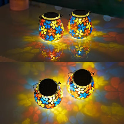 Stargarden 4Pack Mosaic Solar Lanterns, Glass Hanging Lantern Waterproof Outdoor Haning Lights Flower Decorative Table Lamp for Garden ,Patio,Yard Decor