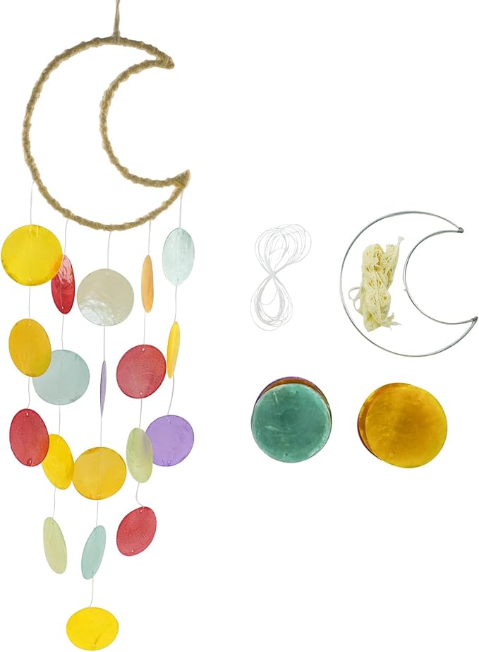 Wind Chimes Making Supplies Kits for Adults Arts and Crafts-DIY Wind Chime Parts with Metal Hoops Moon Shaped Round Capiz Shells Fishing Line Twine String Ribbon,Gifts for Women(Colorful)