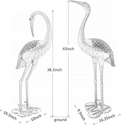 Set of 2 Metal Crane Garden Statues, Cast Aluminum Outdoor Crane Sculptures, Standing Metal Cranes Sculptures, Rust Resistant Bird Yard Art Decor for Garden Patio Backyard Deck, Antique Bronze