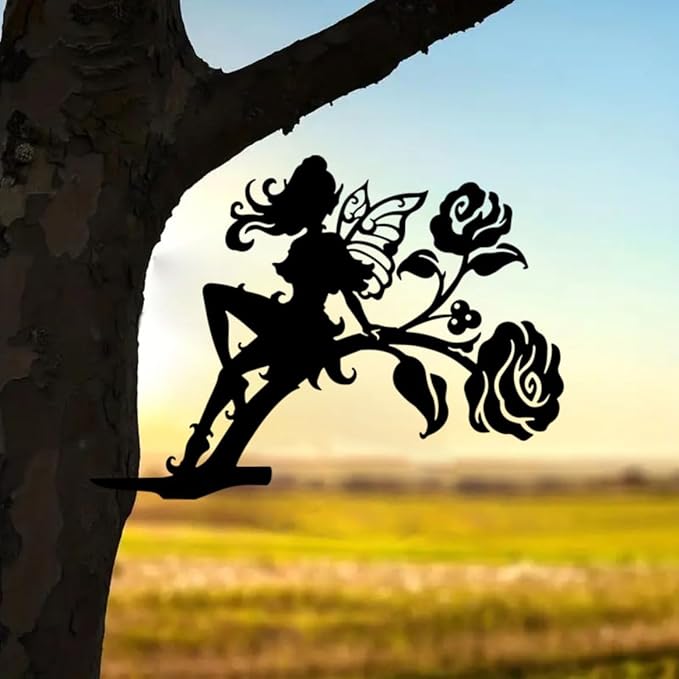 Iron Art Fairy on Branch Steel Silhouette Metal Wall Art Home Garden Yard Patio Outdoor Statue Stake Decoration