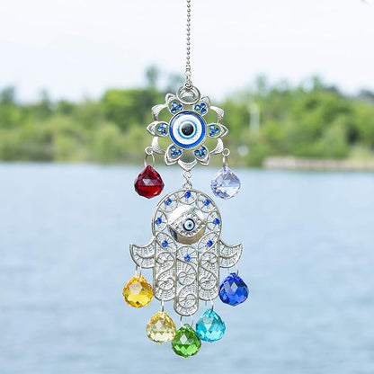 Hamsa Hand with Blue Evil Eye Protection Hanging Crystal Ornament with Chakra Energy Crystal Balls