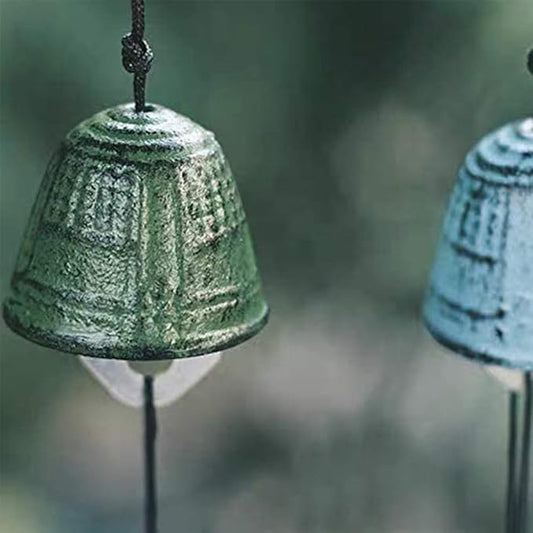 Set of 2, Japanese Lucky Small Wind Chimes Outdoor, Iwachu Cast Iron Temple Wind Bell Memorial Wind Chimes for Outside or Indoor Good Luck for Garden, Patio, Balcony(Green and Yellow Leaf)