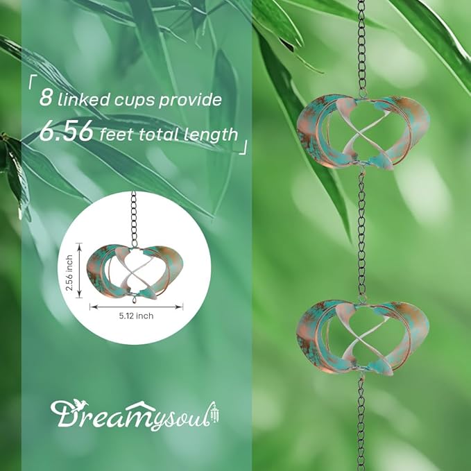 dreamysoul Rain Chains for Outside, 6.56 FT Length with 8 Spinners, Decorative Rain Chains for Gutters, Replacement for Downspout