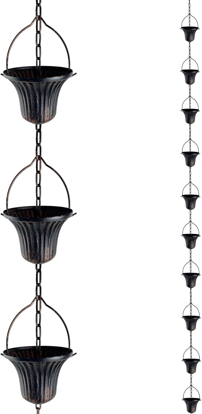 Lotus Rain Chain, 6.5FT Rain Chain Gutters, Adjustable Rain Catcher Chain with 10 Cups, Rain Chain Downspouts for Outdoor Gutter (Small Cup)