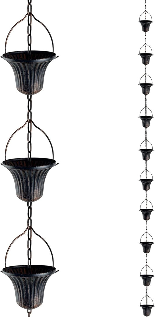 Lotus Rain Chain, 6.5FT Rain Chain Gutters, Adjustable Rain Catcher Chain with 10 Cups, Rain Chain Downspouts for Outdoor Gutter (Small Cup)