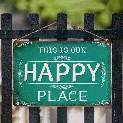 This is Our Happy Place Metal Tin Wall Sign Farmhouse Wall Decor Signs Porch Decor for Home Deck Outdoor Outside Door Fence 12x8 Inches