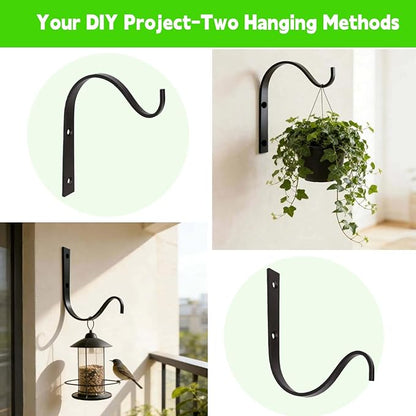 4 Pack Black Iron Wall Hooks for Hanging Plant Lanterns, Plant Hanger Fence Metal Bracket for Bird Feeders, Wind Chimes, Mason Jar Sconces, Light Outdoor Indoor Rustic Home Decor, 4 x 3 Inch