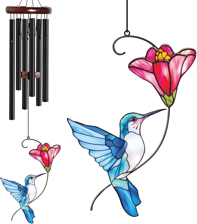 Personalized Metal Wind Chime Garden Sign, 40 Inch Outdoor Colorful Bird & Flower Memorial Decor, Yard Hanging Plaque for Patio Porch Lawn (JSTY368)