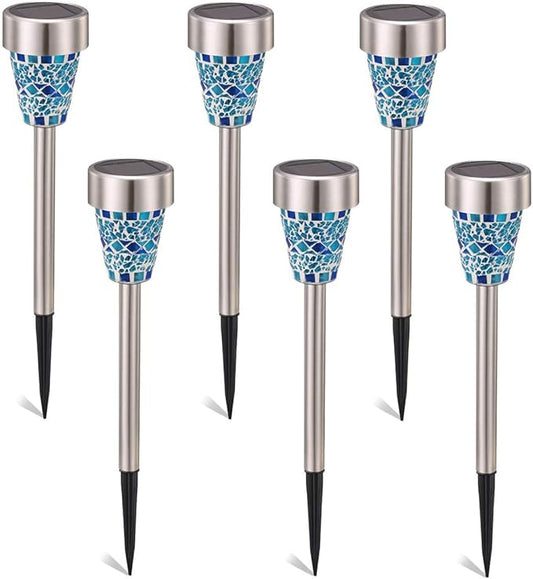 6-Pack Solar Mosaic Border Lawn Garden Lights, LED Mosaic Stake Lights Pathway Landscape Lighting for Patio Walkway Driveway Outdoor Christmas Garden Home Decoration (Blue)