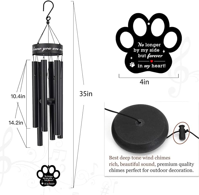 Pet Memorial Wind Chime, 30 Inches Paw Print Pet Remembrance Gift to Honor and Remember a Dog, Cat, or Other Pet, Premium Metal Wind Chime, Black