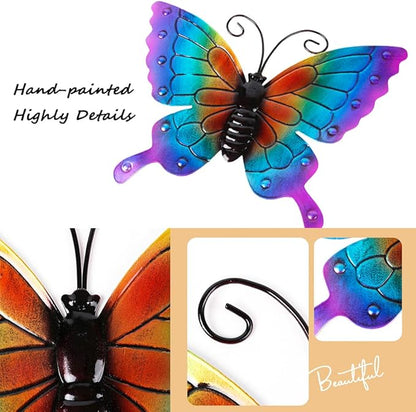 Miyolo 2 Pcs Metal Butterflies Fence Yard Art Garden Decor, 11" Large Butterfly for Outdoor Patio Backyard Balcony Sculpture, Colorful