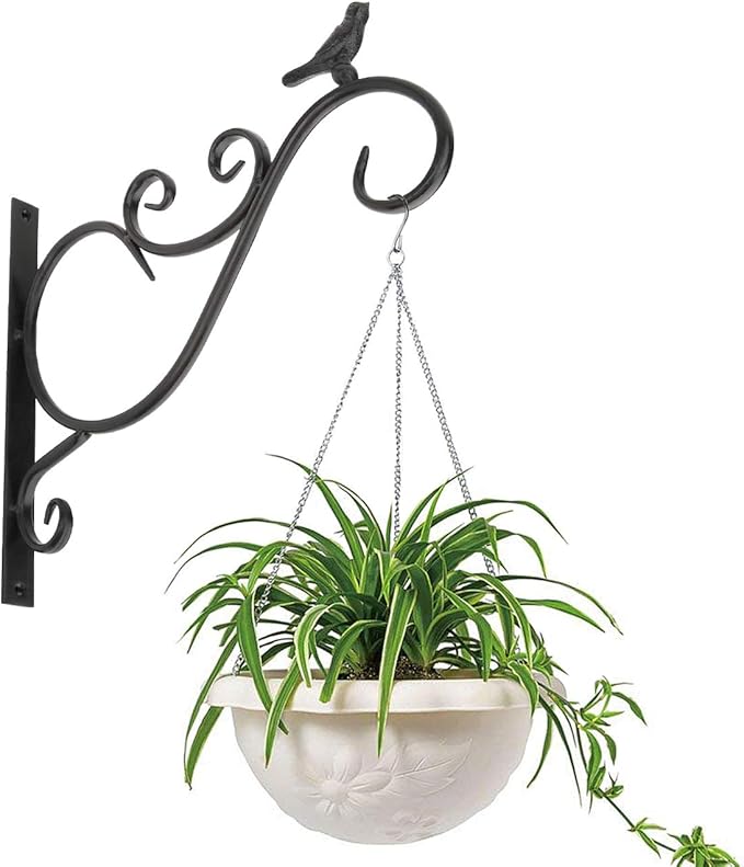 Lewondr Wall Hanging Plant Bracket, 2 Pack 12-inch Retro Iron Shepard Hook for Flower Bird Feeder Planter Indoor Outdoor, Bird 01 - Spray Paint Black