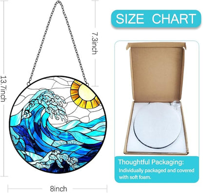 Sea Waves Sun Catchers Indoor Window - Ocean Suncatcher Stained Glass Window Hanging - 8″ Handmade Suncatchers for Windows Hanging - Home & Garden Decor Birthday Gifts for Women Men Mom Beach Lovers