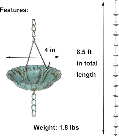 Jemeni 12-Cup Water Lily Rain Chain for Gutters 8.5ft, Green Patina Iron Easy-Install Gutter Chain Alternative, Outdoor Garden & Patio Decor