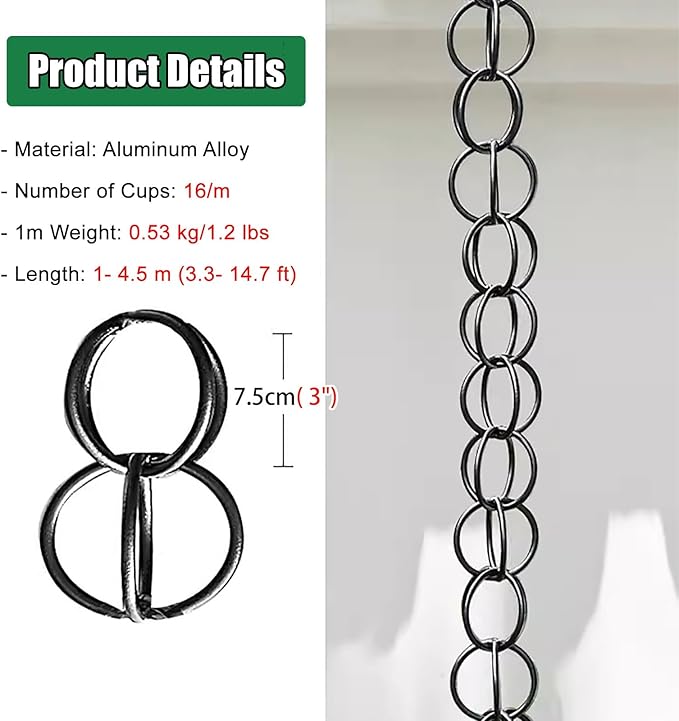 Black Rain Chains for Outside, Metal Double Loop Rain Gutter Chains 6ft 8.5ft 12ft, Gutter Chain Downspout, Garden Porch Rain Catcher Chain(2.8m/9.2ft)
