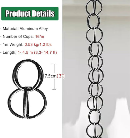 Black Rain Chains for Outside, Metal Double Loop Rain Gutter Chains 6ft 8.5ft 12ft, Gutter Chain Downspout, Garden Porch Rain Catcher Chain(2.4m/7.8 ft)